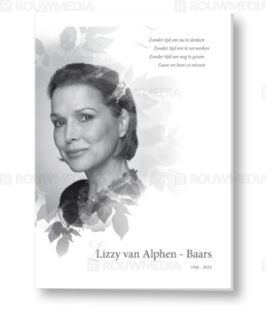Rouwkaart met portret en gedicht in bloemen silhouette