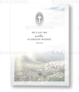 Rouwkaart met berglandschap psalm en afbeelding van kruis