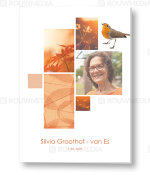 Rouwkaart met collage van afbeeldingen in warme kleuren en portret