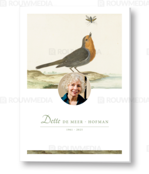 Rouwkaart met een schilderij van een roodborst