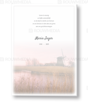 Rouwkaart met molen bij het water
