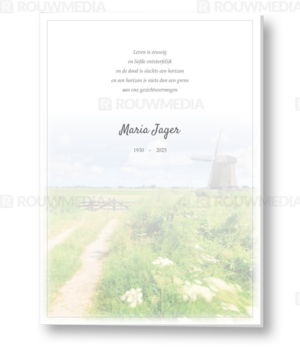 Rouwkaart met molen op het platteland