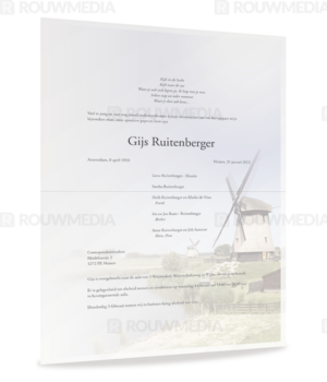 Rouwbrief met molen in hollands landschap