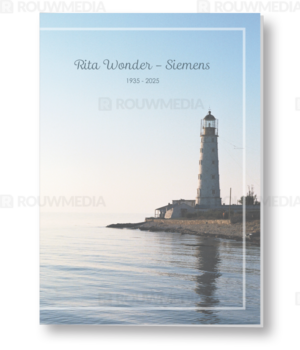 Rouwkaart met vuurtoren aan zee