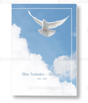 Rouwkaart met witte vliegende duif in de lucht