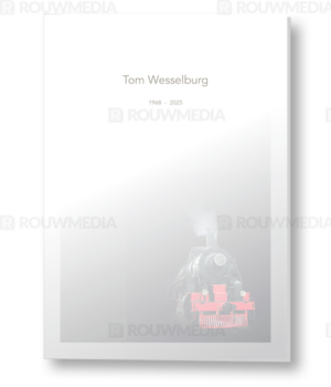 Rouwkaart met stoomtrein op donkere achtergrond