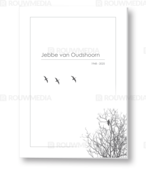 Rouwkaart met boom en vliegende vogels