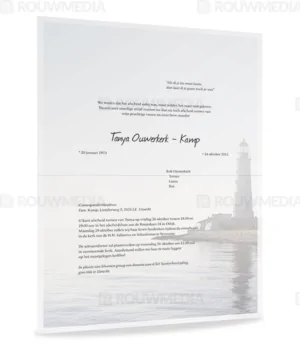 Rouwbrief met vuurtoren aan zee